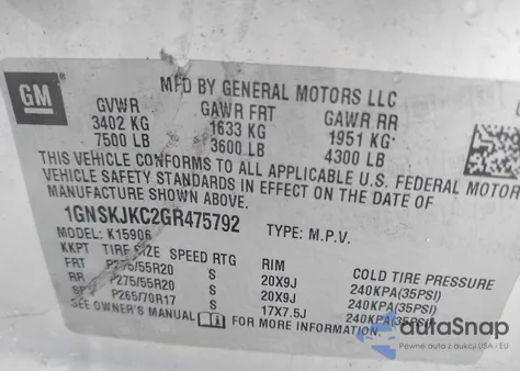 2016 Chevrolet Suburban Ltz from USA, damaged, VIN 1GNSKJKC2GR475792